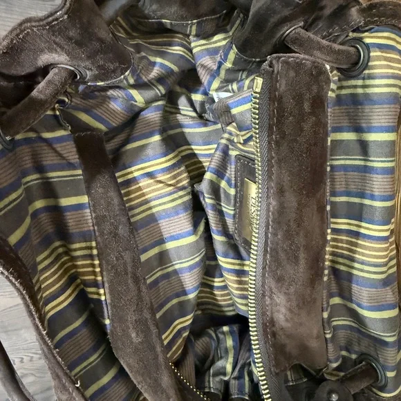 Suede Shoulder Bag with Brass Ring Accent - Brown - Picture 3 of 9